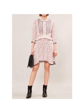 Zadig and Voltaire Raspail Mini Dress Floral Boho Pleated Pink Cream Size Small